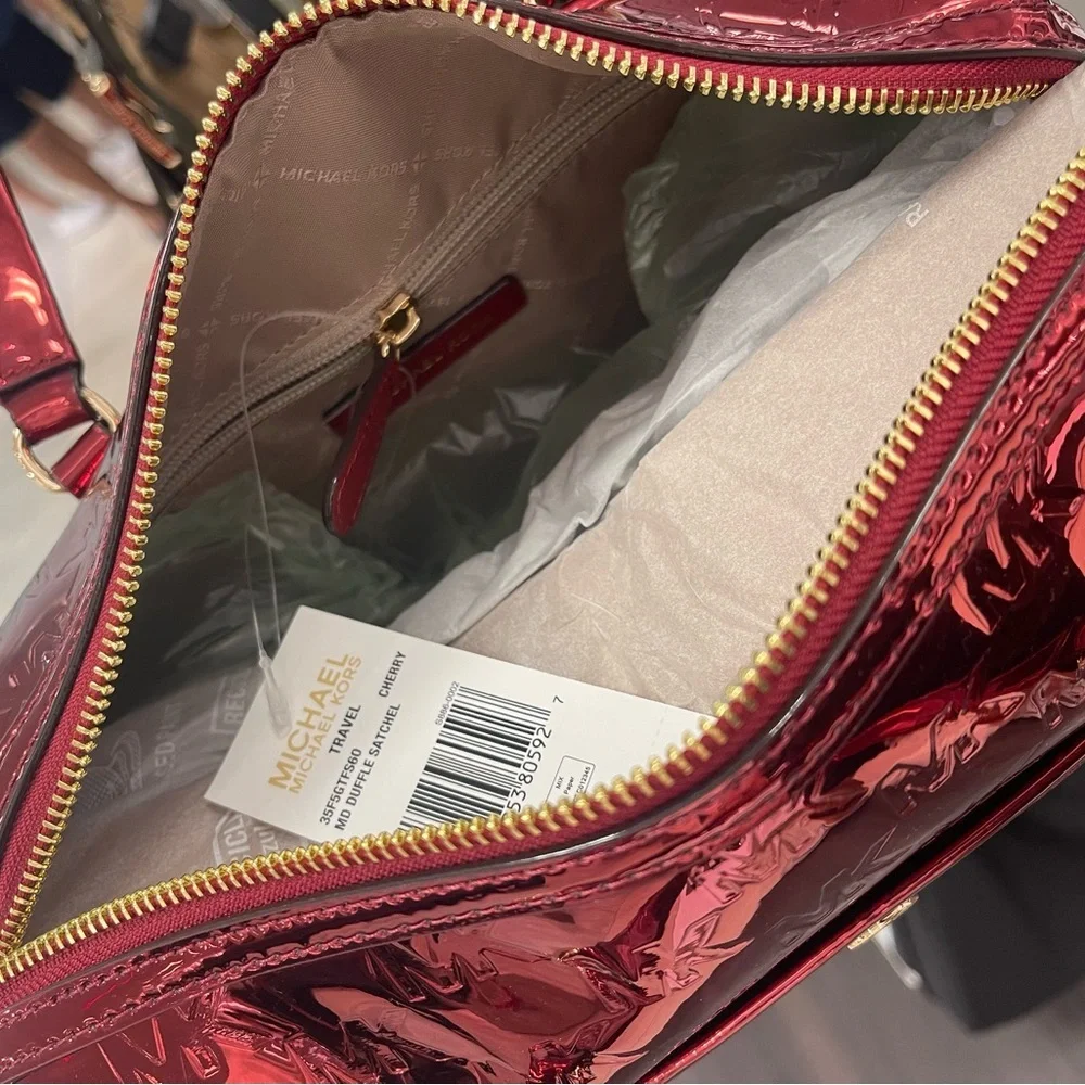 MICHAEL KORS Jet Set Medium Metallic Logo Debossed Satchel Duffle Duffel Cherry